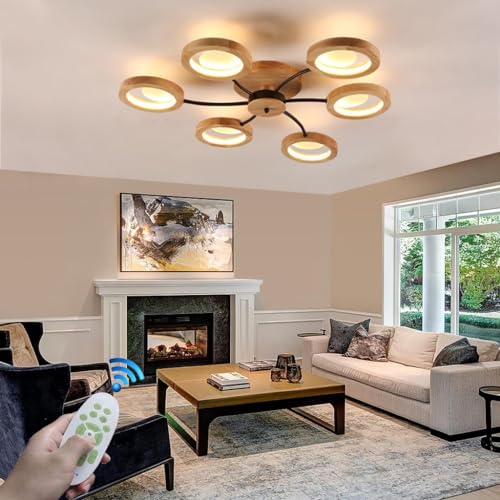 RuiRfh Deckenlampe LED Retro Holzring Metall Deckenleuchte Mid-Century Wohnzimmer Große Beleuchtung Dimmbare Deckenlicht mit Fernbedienung Geeignet für Schlafzimmer Büro Küche Kinderzimmer Flur Balkon von RuiRfh