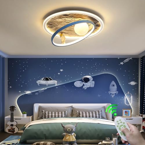 RuiRfh Deckenlampe Modern LED Kreativ Dimmbar Kinderzimmer Glas Mond Lampenschirm Astronaut Design Deckenleuchte mit Fernbedienung Jungen- und Mädchenzimmerlampe Esszimmer Wohnzimmer Metallbeleuchtung von RuiRfh