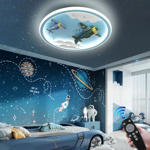 RuiRfh Deckenleuchte LED modern kreativ blau Cartoon Flugzeug Design 56W Beleuchtung Babyzimmerlampe mit Fernbedienung Deckenlampe Junge Mädchen Zimmer dimmbar Kronleuchter Schlafzimmer Wohnzimmer Res von RuiRfh
