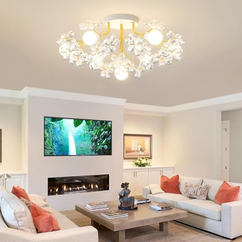 RuiRfh Deckenleuchte modernes goldenes Esszimmer 5-flammiger Kristall Kronleuchter 60cm Halbeinbau Deckenlampe aus Metall geeignet für Küche Schlafzimmer Eingang Wohnzimmer Flur Bar kreative Deckenlic von RuiRfh
