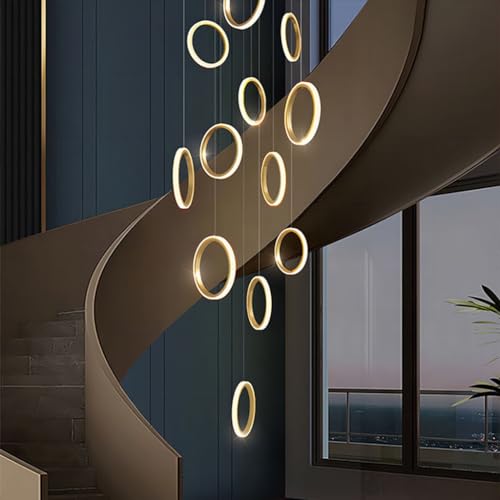 RuiRfh Kronleuchter moderne LED Villa Treppe große Pendelleuchte goldene dimmbare hohe Decke Hängelampe mit Fernbedienung geeignet für Foyer Hotel Wohnzimmer Aluminium 15 Ringbeleuchtung (Color : Whi von RuiRfh