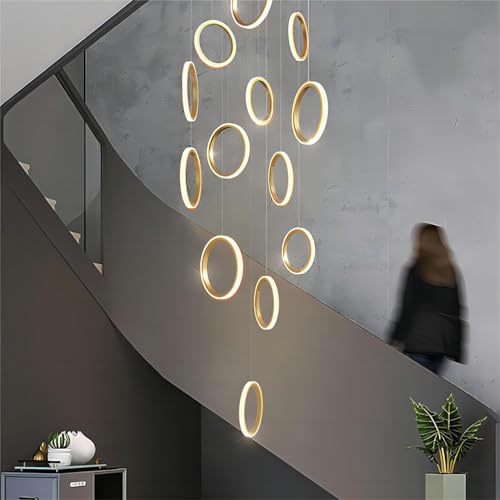 RuiRfh Kronleuchter Moderne große Treppe Pendelleuchte 15 Lichter LED kreativer Goldener Aluminiumring Treppenlicht Villa Foyer dimmbar eingebettete hohe Decke Hängelampe mit Fernbedienung (Color : W RuiRfh Kronleuchter Moderne große Treppe Pendelleuchte 15 Lichter LED kreativer Goldener Aluminiumring Treppenlicht Villa Foyer dimmbar eingebettete hohe Decke Hängelampe mit Fernbedienung (Color : W von RuiRfh