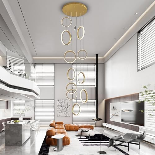 RuiRfh Kronleuchter Moderne große Treppe Pendelleuchte 15 Lichter LED kreativer Goldener Aluminiumring Treppenlicht Villa Foyer dimmbar eingebettete hohe Decke Hängelampe mit Fernbedienung (Color : W von RuiRfh