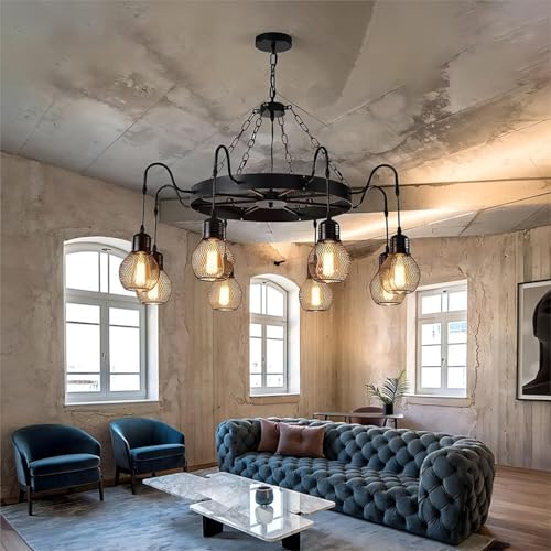 RuiRfh Kronleuchter Retro Esszimmer E27 Großes Wagenrad Pendelleuchte 8 Lichter Bauernhaus Eisen Hängelampe Antike runde Metallleuchten Rustikale Schlafzimmer Wohnzimmer Foyer Korridor Schwarze Ausfüh von RuiRfh