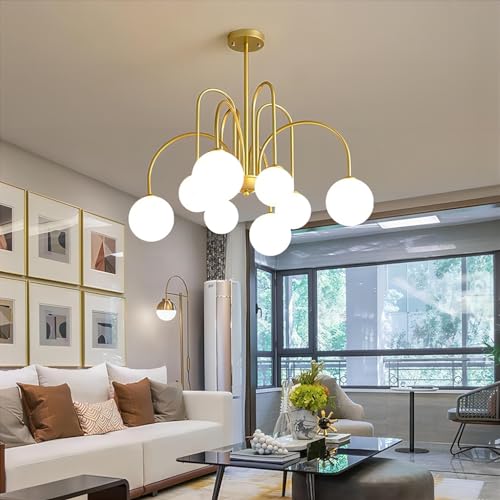 RuiRfh Kronleuchter Retro Glaskugellampe Metall 8 Lichter Sputnik Pendelleuchte Mid Century Gold Deckenleuchte für Esszimmer Hängelampe Wohnzimmer Schlafzimmer Küche Treppenhaus Büro Pendelbeleuchtung von RuiRfh