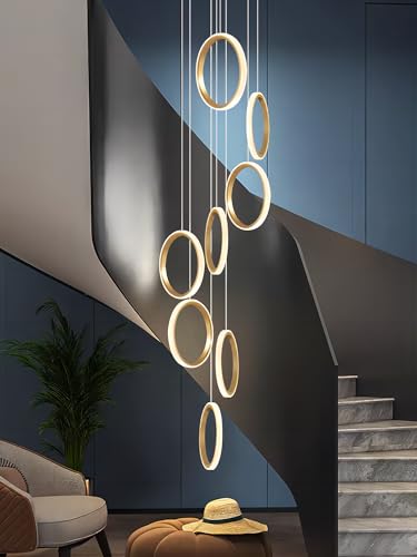 RuiRfh Kronleuchter moderne LED Villa Treppe große Pendelleuchte goldene dimmbare hohe Decke Hängelampe mit Fernbedienung geeignet für Foyer Hotel Wohnzimmer Aluminium 15 Ringbeleuchtung (Color : Whi von RuiRfh