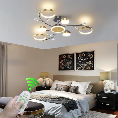 RuiRfh Moderne LED Kristall Deckenlampe Eisen Schwarz Gold Blume Wohnzimmerlampe im nordischen Stil mit Fernbedienung Deckenleuchte im Kronleuchterstil geeignet für Schlafzimmer Arbeitszimmer Esszimme von RuiRfh