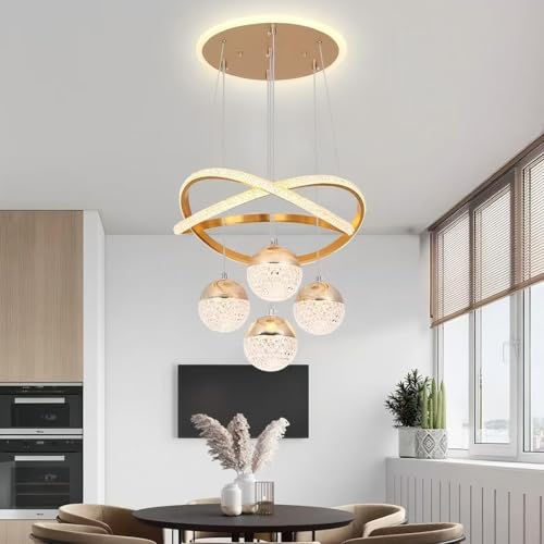 RuiRfh Moderne Pendelleuchte Ring 4 Kugel Hängelampe LED Kronleuchter 90W Dimmbar Kristall Höhenverstellbar DIY Decke Dekorative Beleuchtungskörper Geeignet für Esszimmer Wohnzimmer Kücheninsel(Gold) von RuiRfh