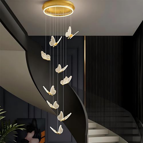 RuiRfh Moderner Treppenkronleuchter LED dimmbar Aluminium Schmetterlingsform Pendelleuchte goldene Innendekorationsleuchte nordischer Stil geeignet für Wohnzimmer Villen Hotels Garderobenleuchter(Whit von RuiRfh