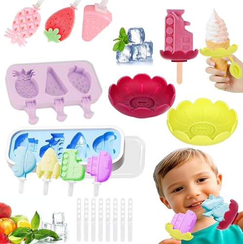 4 Stk Eis am Stiel Formen Silikon Set für Kinder+26 Sticks,2 Stk Silikon Eishalterung für Kinder,Wiederverwendbarer Eis Halter mit Strohhalm,Ice Lolly Mold Popsicle für Kinder und Erwachsene BPA Frei von Ruiaqer