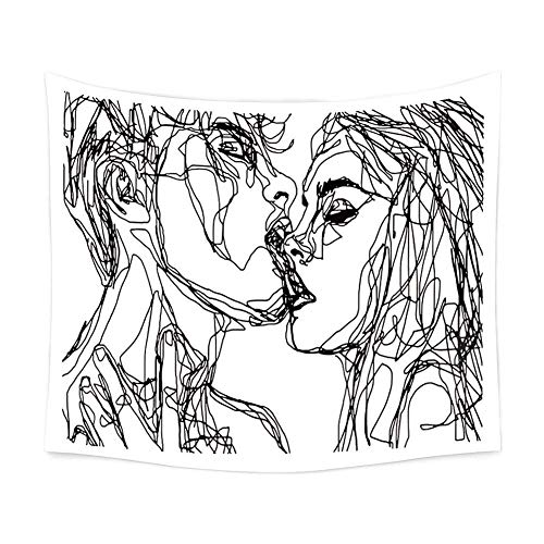 Ruibo Wandteppich für Damen und Herren, abstrakte Skizze Kunst Kiss Lovers Tapisserie Küssen Tapisserie Wandbehang Schwarz und Weiß Line Art Tapisserie Strand Überwurf (RB-K-2) (B:149,9 cm H:129,5 cm) von Ruibo