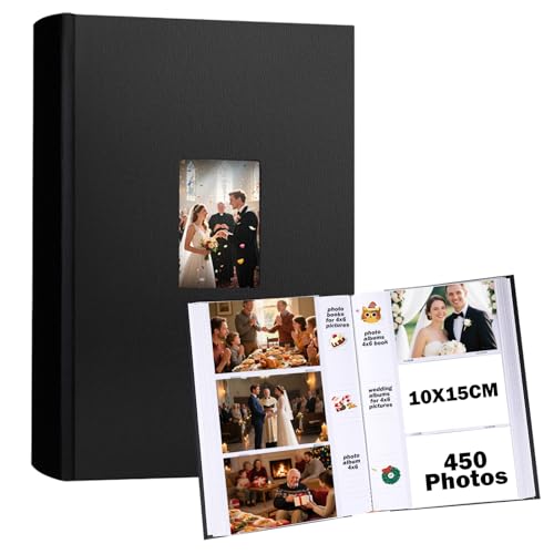 Ruibytree Fotoalbum 6x4 450 Fotos mit Schreibfläche, 6 x 4 Fotobuch Ledereinband mit Frontfenster, 15x10 cm Fotos Fotoalbum Buch für Hochzeit Kinder Reisen Familie Baby Bilder (Schwarz) von Ruibytree