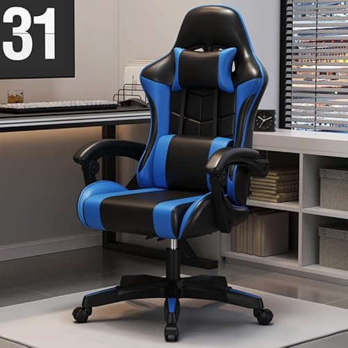 Ruication Gaming-Stuhl, Bürostuhl, Schreibtischstuhl, drehbar, neigbar, Computerstuhl, ergonomisches Design mit Kopfstütze und Lendenkissen, Rückenlehne für Heimbüro, Blau von Ruication