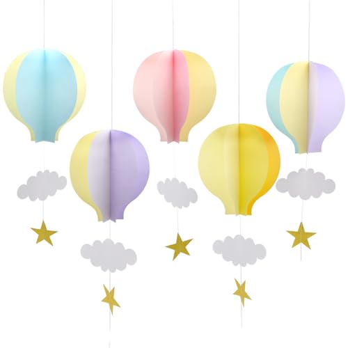 Ruidee 5pcs 3D Heißluftballon Form hängenden Dekoration Papier Girlande hängende Papierdekoration Wolken Sterne für Kinder Zimmer Party Decke Fenster Wand Hängende Deko(DR/Colour) von Ruidee