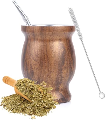 Ruikcoll Mate Becher,Mate Tee Becher Set,mit Mate Strohhalm und eine Reinigungsbürste ，für Mate Tee，doppelwand isolier Design (Holzmaserung) von Ruikcoll
