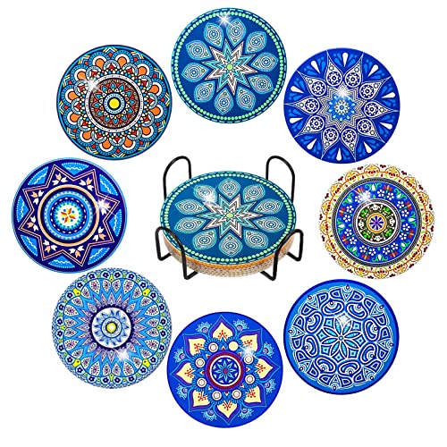 8 Stück Diamond Painting Untersetzer mit Halter, Diamond Painting, Wiederverwendbare DIY Blaues Mandala Tassenuntersetzer mit Diamanten und Montagewerkzeuge fur Tassen,Vasen, Kerzen Dekoratio von Ruikdly