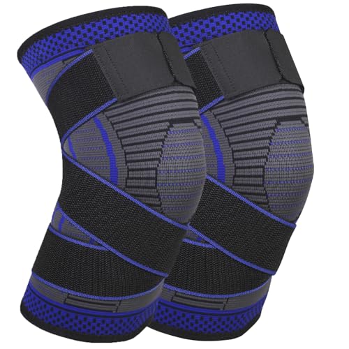 Ruilala Kniebandage für Männer Damen 2 Stück Sport Kniestütze Einstellbar Kompression Kniebandage für ACL, Meniskusriss, Laufen, Gewichtheben, Volleyball,Basketball (Blau, XL) von Ruilala