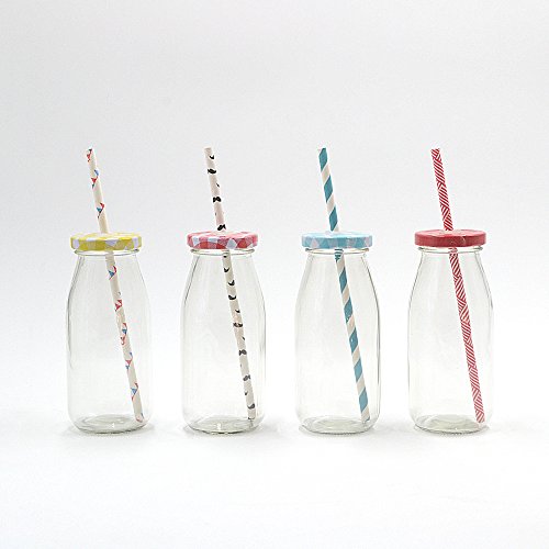 Ruilasago Mini-Milchglas-Flaschen mit Flaschendeckel, Strohhalm für Hochzeit, Party, Grillen, 250 ml, 8 Stück von Ruilasago