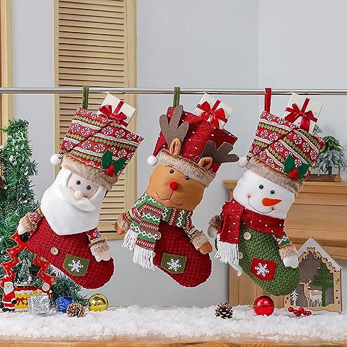 Nikolausstrumpf 3er Set,Nikolausstiefel zum Befüllen,Großer Weihnachtsstrumpf, Weihnachtsgeschenktasche Bonbontüte, Weihnachtssocke Weihnachtsdeko zum Aufhängen für Wand, Kamin, Treppe,Weihnachtsbaum von Ruimifos