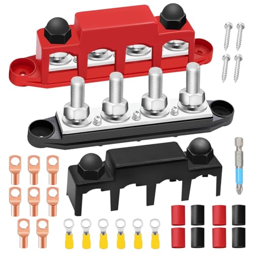 2 Stück Sammelschiene 12V-48V DC Sammelschienen Verteilerblock, 250A BusBar Box mit 4 x M8 Klemmenbolzen, Hochleistungsmodul, Stromverteilungsblock Erdungsstrom mit Abdeckung für Auto RV Boat von Ruioomeep