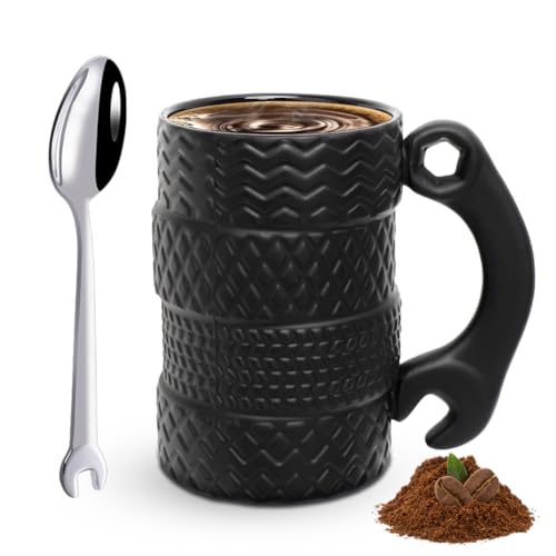 Reifentasse 450ML Keramik Kaffeetasse mit Löffel Große Porzellan-Kaffeetasse Personalisierter Kaffeebecher mit Henkel Reifentasse Trinkbecher für Männer zum Geburtstag zu Weihnachten schwarz von Ruioomeep