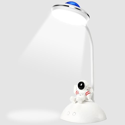 Ruioomeep Schreibtischlampe Kinder, LED Astronaut Nachttischlampe für Kinder mit Handyhalter und Projektion, Dimmbare Helligkeitsstufe Wiederaufladbare Tischlampe, Augenschutz Leselampe Studienlampe von Ruioomeep