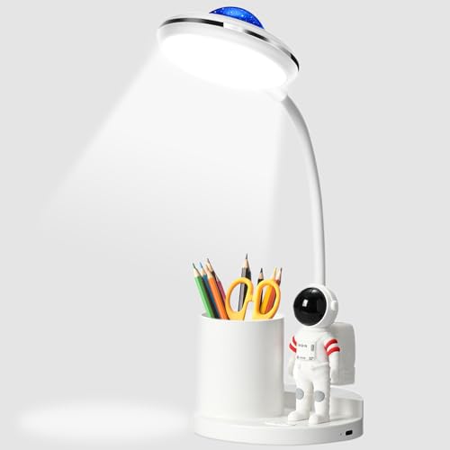 Ruioomeep Schreibtischlampe Kinder, LED Astronaut Nachttischlampe für Kinder mit Stifthalter und Projektion, Dimmbare Helligkeitsstufe Wiederaufladbare Tischlampe, Augenschutz Leselampe Studienlampe von Ruioomeep