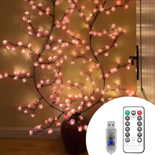 Ruiqas Cherry Blossom Lights, Kirschblüten Deko Zweige Lichter für Wand,144 LEDs USB Powered Fairy Rebe Lichter mit Fernbedienung 8 Modi für Schlafzimmer Wanddeko Wedding Raum Japanische Deko von Ruiqas