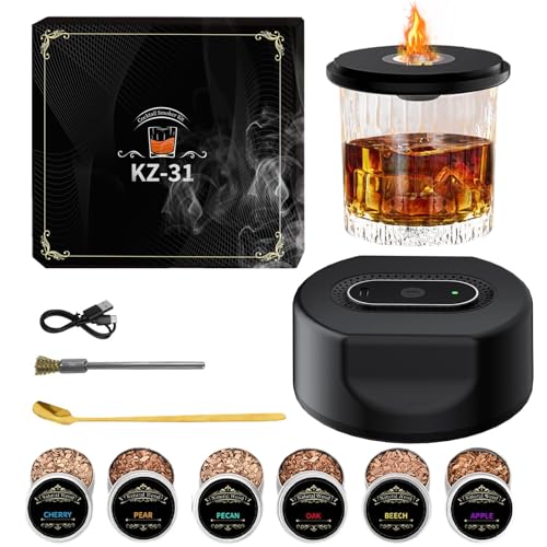 Ruiqas Elektrischer Whisky Smoker Kit mit 6 Aromen Holzchips,USB-C Wiederaufladbar Flammenfreies Cocktail Smoker Kit,Geschenk für Vater, Ehemann von Ruiqas