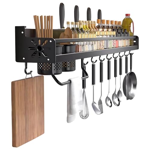 Ruiqas Gewürzregal Küchenregal Wand Metall Kleben Hängenden Regal mit 2 Utensilienhalter 8 Haken für Küche Organisation und Lagerung von Ruiqas