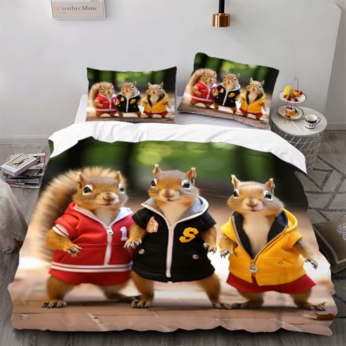 Ruiqieor Bettwäsche 135x200cm,Cartoon Eichhörnchen Motiv Bettwäsche-Set Baumwolle Mikrofaser 1 Bettbezug + 2 Kopfkissenbezug 80x80cm mit Reißverschluss（#2） von Ruiqieor