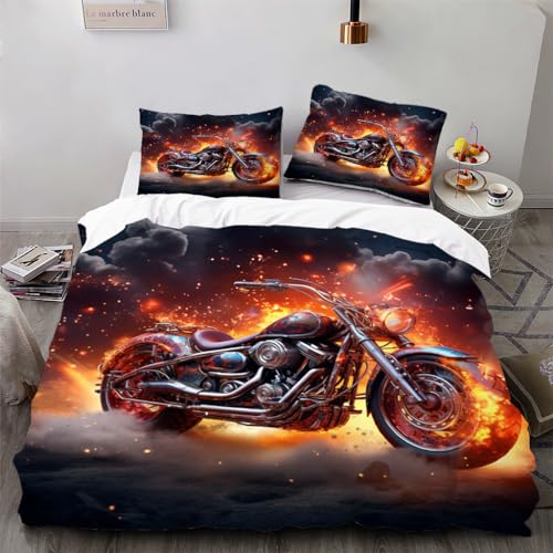 Ruiqieor Bettwäsche 135x200cm,Flammen Motocross-Motorrad Motiv Bettwäsche Set 3teilig,1 Bettbezug+2 Kissenbezug 80x80 cm,3D gedruckte Bettwäsche（#7） von Ruiqieor