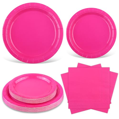 Ruisita 48 Stück Hot Pink Party Supplies Solid Hot Pink Geschirr inklusive 17,8 cm und 22,9 cm Pappteller 2-lagige Servietten für Hochzeit, Geburtstagsparty, Picknick, Grillen (16 Stück) von Ruisita