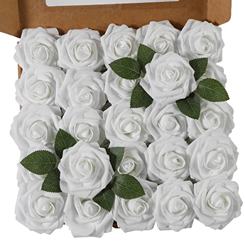 Ruiuzioong Künstliche 25 Stück Rosen Blumen Schaumrosen Foamrosen Kunstblumen Rosenköpfe Gefälschte Kunstrose Rose für Hochzeit Blumensträuße Braut Zuhause Dekoration (Weiß, 25 Stück) von Ruiuzioong