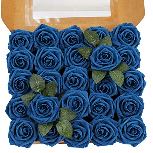 Künstliche 25 Stück Rosen Blumen Schaumrosen Foamrosen Kunstblumen Rosenköpfe Gefälschte Kunstrose Rose für Hochzeit Blumensträuße Braut Zuhause Dekoration (Armeeblau, 25 Stück) von Ruiuzioong