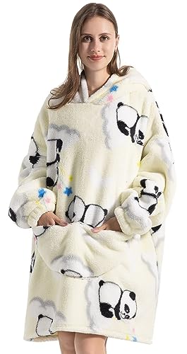 Oversized Hoodie Sweatshirt Blanket, Super Soft Warm Comfortable Blanket for Women Men Adults with Big Pocke (Weißer Panda-Erwachsene) von Ruiuzioong