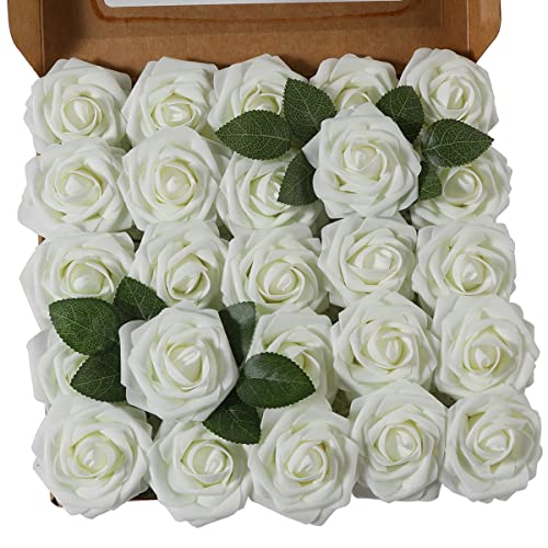 Ruiuzioong Künstliche 25 Stück Rosen Blumen Schaumrosen Foamrosen Kunstblumen Rosenköpfe Gefälschte Kunstrose Rose für Hochzeit Blumensträuße Braut Zuhause Dekoration (Elfenbein, 25 Stück) von Ruiuzioong