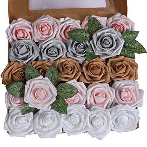 Ruiuzioong Künstliche 25 Stück Rosen Blumen Schaumrosen Foamrosen Kunstblumen Rosenköpfe Gefälschte Kunstrose Rose für Hochzeit Blumensträuße Braut Zuhause Dekoration (Fünf Farben+Puder, 25 Stück) von Ruiuzioong