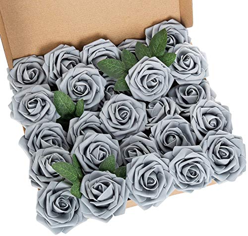 Ruiuzioong Künstliche 25 Stück Rosen Blumen Schaumrosen Foamrosen Kunstblumen Rosenköpfe Gefälschte Kunstrose Rose für Hochzeit Blumensträuße Braut Zuhause Dekoration (Grau, 25 Stück) von Ruiuzioong