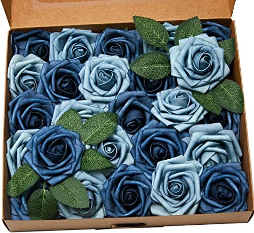 Ruiuzioong Künstliche 25 Stück Rosen Blumen Schaumrosen Foamrosen Kunstblumen Rosenköpfe Gefälschte Kunstrose Rose für Hochzeit Blumensträuße Braut Zuhause Dekoration (Grau Blau, 25 Stück) von Ruiuzioong