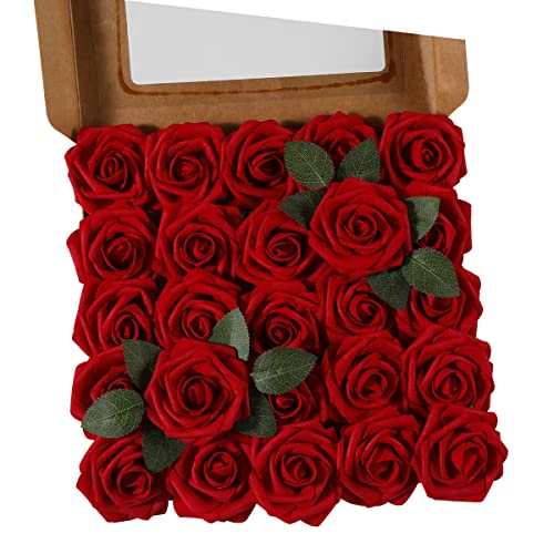 Ruiuzioong Künstliche 25 Stück Rosen Blumen Schaumrosen Foamrosen Kunstblumen Rosenköpfe Gefälschte Kunstrose Rose für Hochzeit Blumensträuße Braut Zuhause Dekoration (Weinrot, 25 Stück) von Ruiuzioong