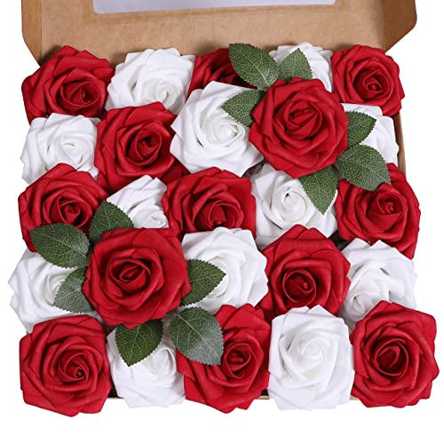 Ruiuzioong Künstliche 25 Stück Rosen Blumen Schaumrosen Foamrosen Kunstblumen Rosenköpfe Gefälschte Kunstrose Rose für Hochzeit Blumensträuße Braut Zuhause Dekoration (rot weiß, 25 Stück) von Ruiuzioong