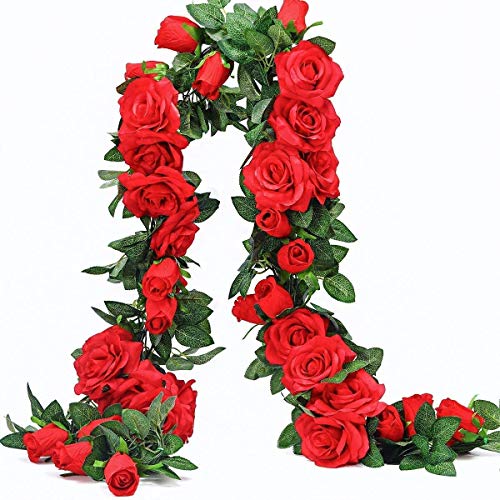 Ruiuzioong Künstliche Rosenranken, künstliche Rosen, Girlande, Seidenblumen zum Aufhängen, für Hotel, Hochzeit, Zuhause, Party, Garten, Handwerk, Arch Arrangement Dekoration (Rot, 2 Stücke-9Flower) von Ruiuzioong