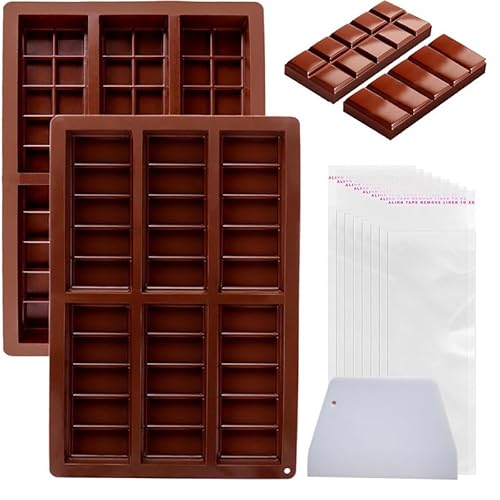 Schokoladenform Silikon, 2 Stück Silikon Tief Schokoladentafel Form mit 1 Schaber und 100 Tasche,Antihaft Backform Schokolade Form Tief Süßigkeiten Protein Form für dubai Schokolade Pudding Süßigkeite von Ruixijiale