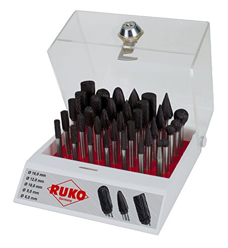 RUKO 116008TC - Surtidos de 35 fresas de metal duro TiCN con vástago de 6 mm en vitrina de plástico von Ruko