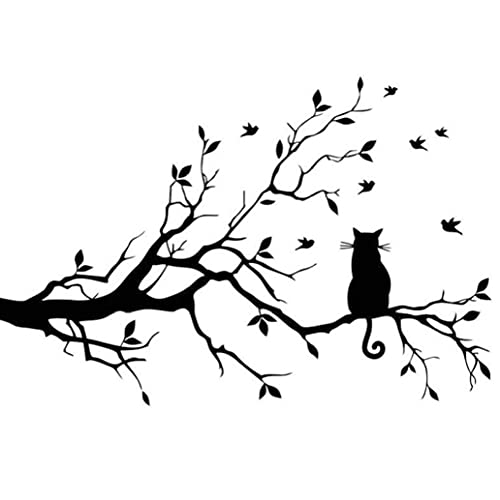 Diy Katze Auf Long Baum Wandaufkleber Tiere Vögel Wandtattoo Kunst Transfers Fenster-aufkleber-ausgang Mural von Ruluti