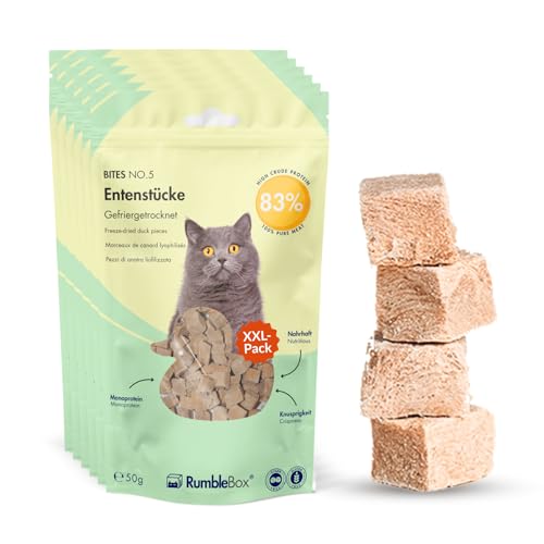 RumbleBox XXL 100% Entenstück Gefriergetrocknete Katzensnacks, Monoprotein Leckerlis ohne Getreide und Zucker für Allergiker, NUR 1 ZUTATEN (Sparbox 6x50g) von RumbleBox