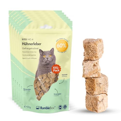 RumbleBox XXL 100% Hühnerleber Gefriergetrocknete Katzensnacks, Monoprotein Leckerlis ohne Getreide und Zucker für Allergiker, NUR 1 ZUTATEN (Sparbox 6x50g) von RumbleBox