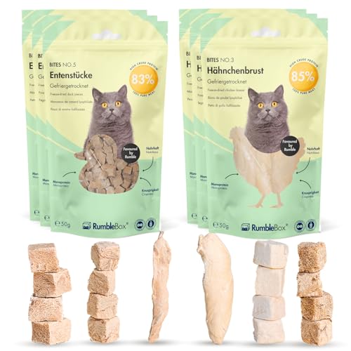 RumbleBox Ultimate Sparbox Pur Huhn & Ente, 100% Fleisch & Leber, Gefriergetrocknete Katzensnacks ohne Getreide und Zucker für Allergiker, NUR 1 ZUTATEN (6x50g) von RumbleBox