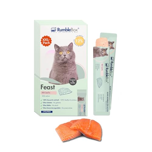 RumbleBox Schleckies mit Lachs, getreidefrei & zuckerfrei für Allergiker, Gesunde Leckerlis für Katzen mit nur 5 Zutaten (Sparbox XXL 6x75g) von RumbleBox